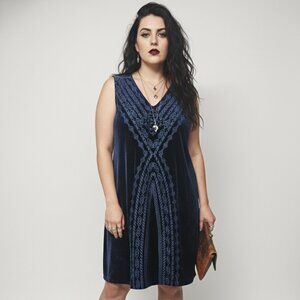 THML Dress Blue Velour Embroidered Goth Grunge Indie Sleeveless Shift 2X